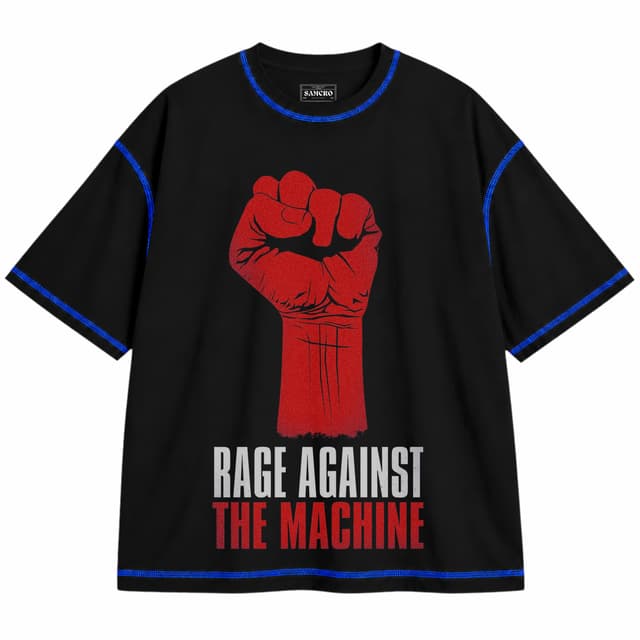 Rage Against the Machine 7 — Unisex oversize, Negro con costura azul