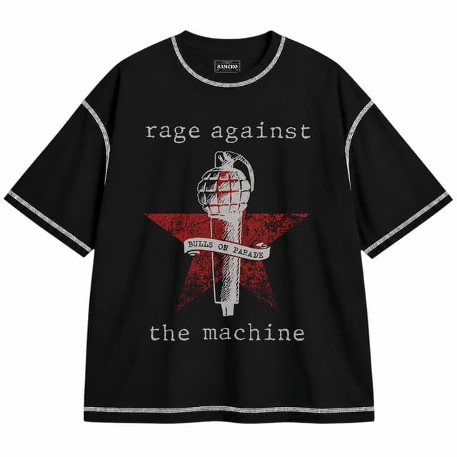 Rage Against the Machine - Bulls on Parade Mic — Unisex oversize, Negro con costura blanca