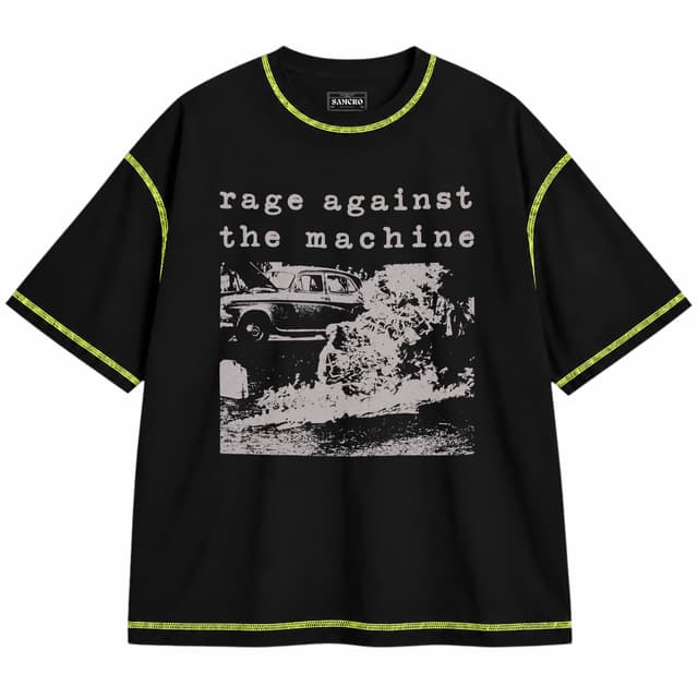 Rage Against the Machine - Burning Monk — Unisex oversize, Negro con costura verde