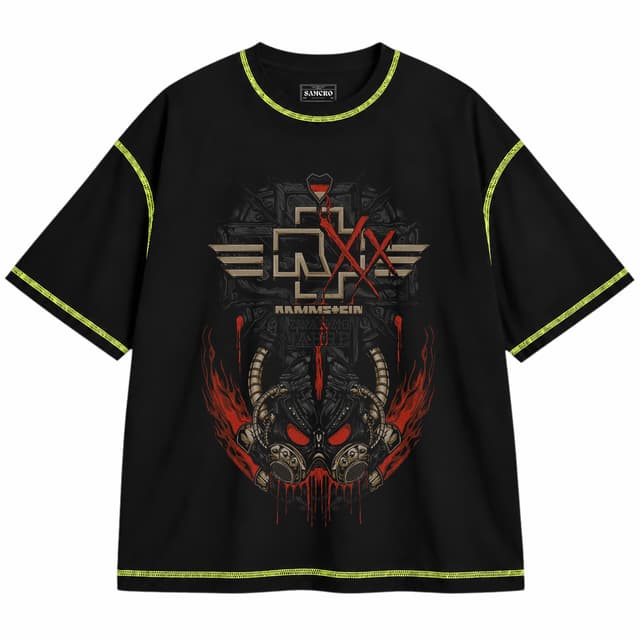 Rammstein 3 — Unisex oversize, Negro con costura verde