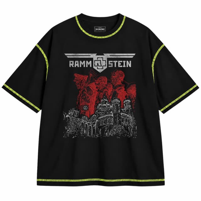 Rammstein 4 — Unisex oversize, Negro con costura verde