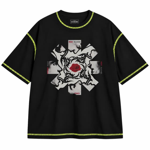 Red Hot Chili Peppers 12 — Unisex oversize, Negro con costura verde