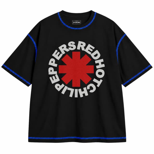 Red Hot Chili Peppers 2 — Unisex oversize, Negro con costura azul