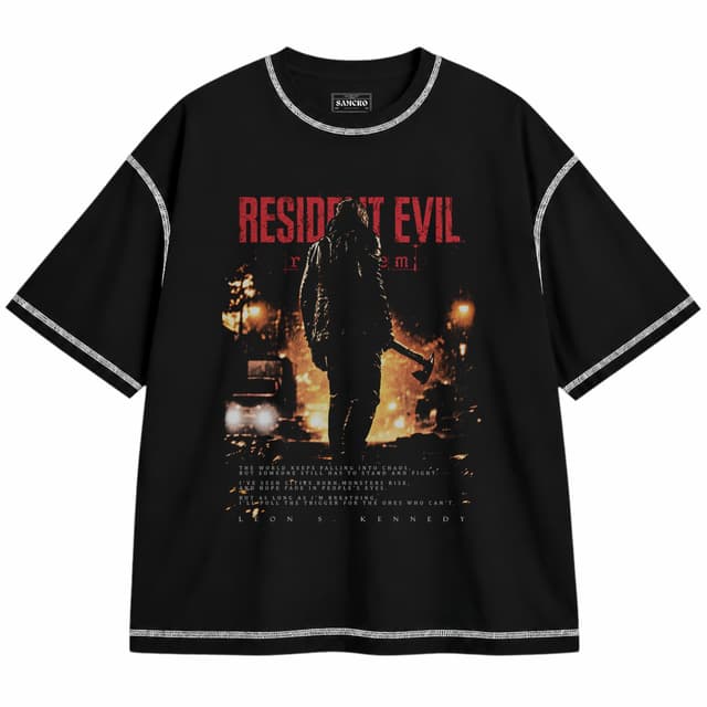 Resident Evil - Leon Kennedy Requiem Hacha Calle en Llamas — Unisex oversize, Negro con costura blanca