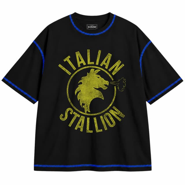 Rocky 12 — Unisex oversize, Negro con costura azul