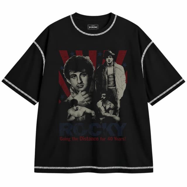 Rocky 16 — Unisex oversize, Negro con costura blanca
