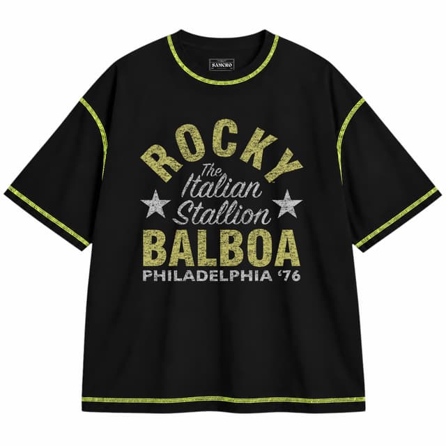 Rocky 17 — Unisex oversize, Negro con costura verde