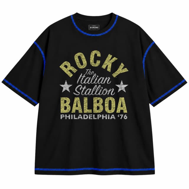 Rocky 17 — Unisex oversize, Negro con costura azul