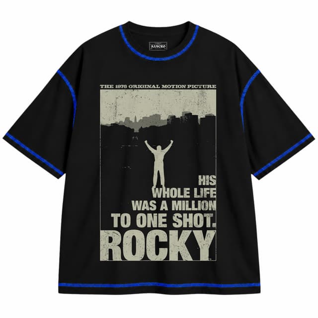 Rocky 23 — Unisex oversize, Negro con costura azul