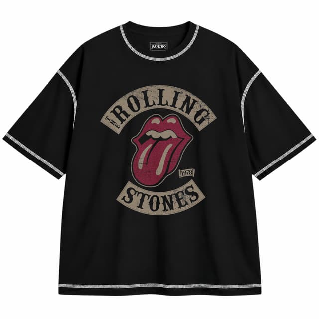 Rolling Stones 1 — Unisex oversize, Negro con costura blanca