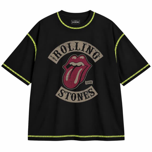 Rolling Stones 1 — Unisex oversize, Negro con costura verde