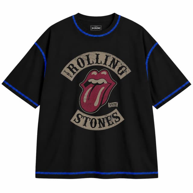 Rolling Stones 1 — Unisex oversize, Negro con costura azul