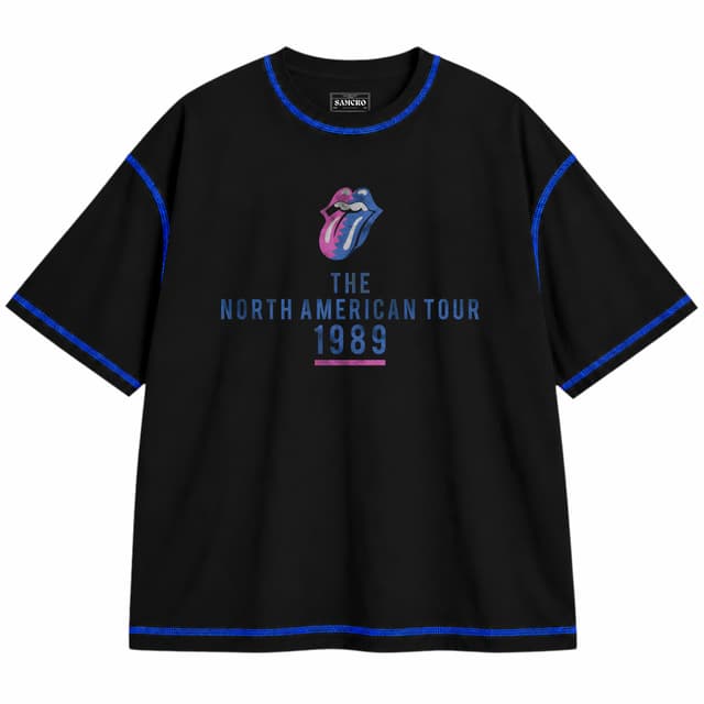 Rolling Stones 16 — Unisex oversize, Negro con costura azul