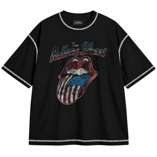 Rolling Stones 17 — Unisex oversize, Negro con costura blanca
