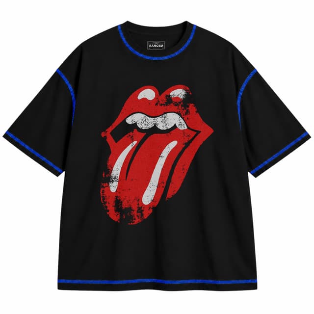 Rolling Stones 3 — Unisex oversize, Negro con costura azul
