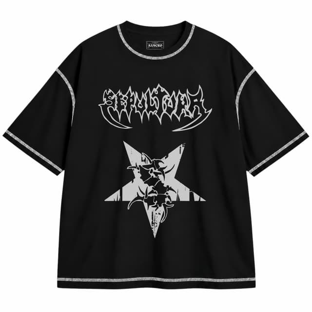Sepultura 1 — Unisex oversize, Negro con costura blanca