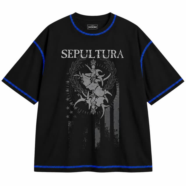 Sepultura - Quadra Tour 2022 — Unisex oversize, Negro con costura azul