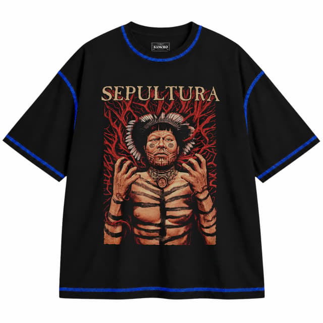 Sepultura - Roots — Unisex oversize, Negro con costura azul