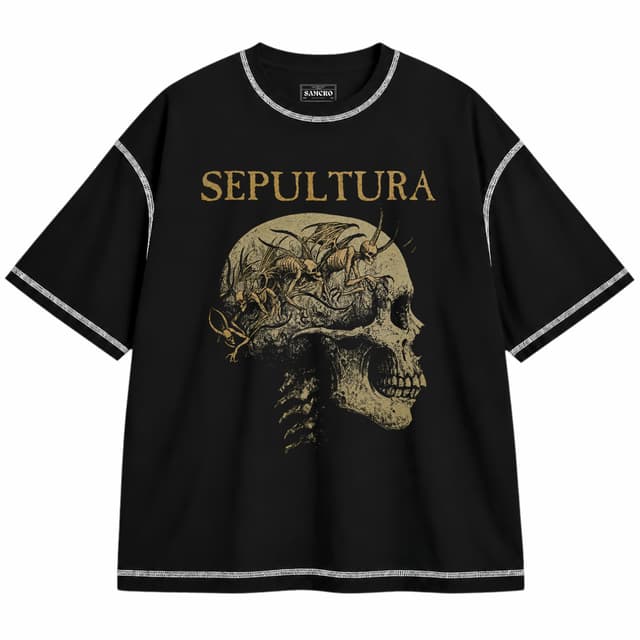 Sepultura - Skull Wings — Unisex oversize, Negro con costura blanca