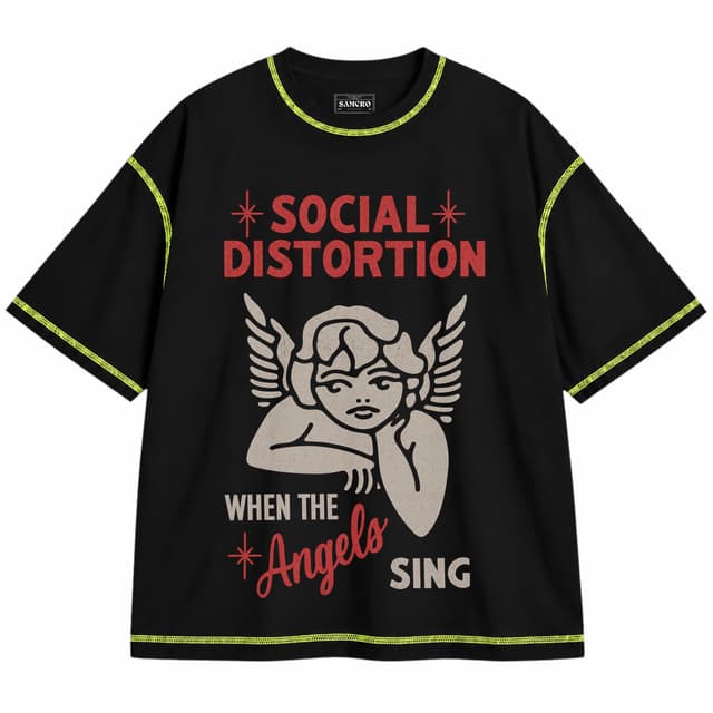 Social Distortion - Angels Sing — Unisex oversize, Negro con costura verde