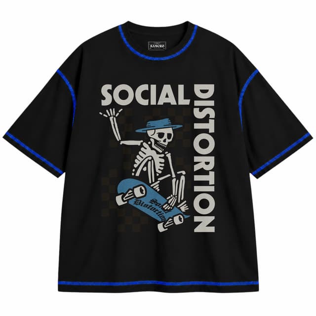 Social Distortion - Blue Skateboard — Unisex oversize, Negro con costura azul