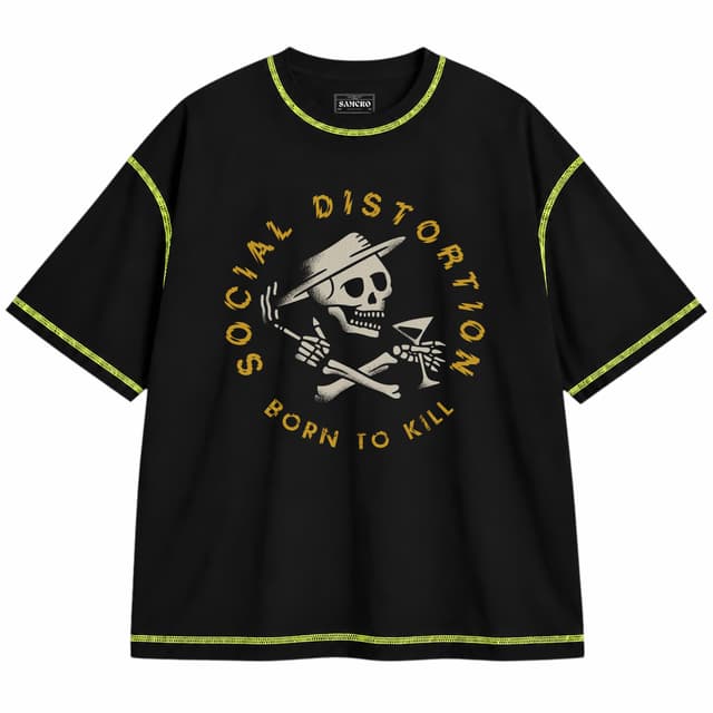 Social Distortion - Born to Kill Crossed Skelly Emblem — Unisex oversize, Negro con costura verde