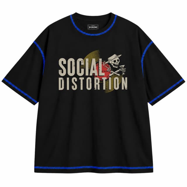 Social Distortion - Born to Kill Record — Unisex oversize, Negro con costura azul