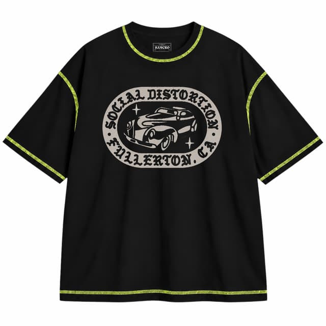 Social Distortion - Fullerton Car Indigo — Unisex oversize, Negro con costura verde