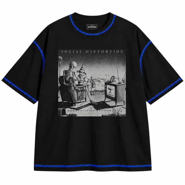 Social Distortion - Mommys Little Monster Cover — Unisex oversize, Negro con costura azul