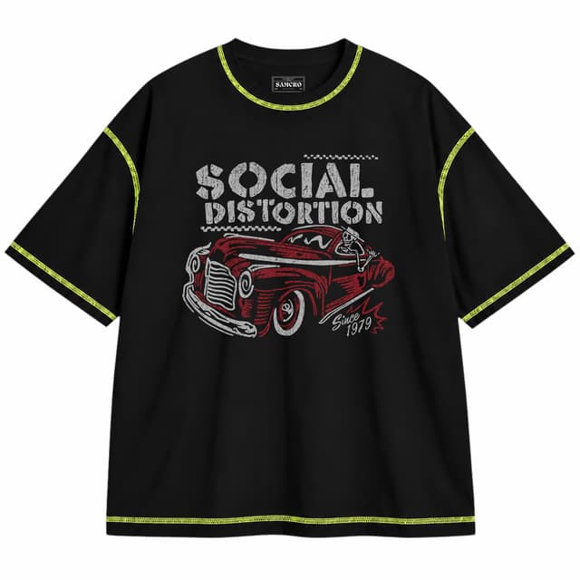 Social Distortion - Skelly Car — Unisex oversize, Negro con costura verde