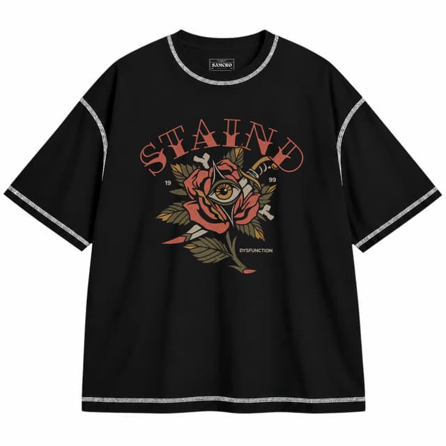 Staind - Dysfunction Rose Eye — Unisex oversize, Negro con costura blanca