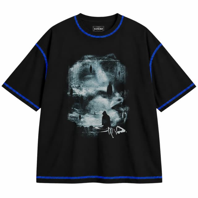Staind - Hooded Figures Fog — Unisex oversize, Negro con costura azul
