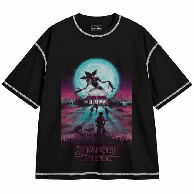 Stranger Things 10 — Unisex oversize, Negro con costura blanca