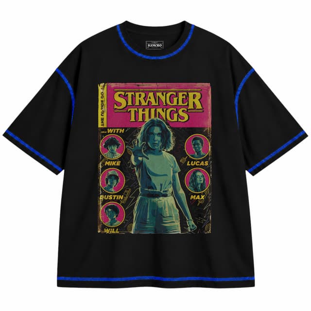 Stranger Things 18 — Unisex oversize, Negro con costura azul