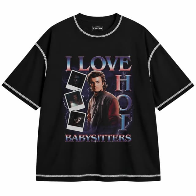 Stranger Things 26 — Unisex oversize, Negro con costura blanca