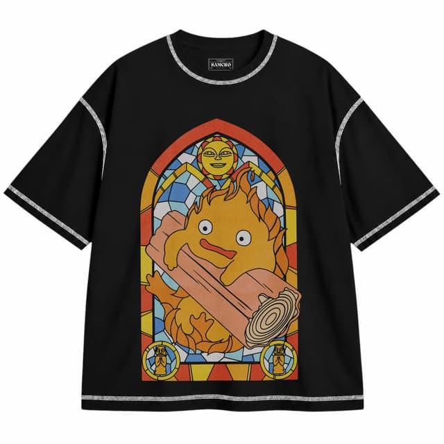 Studio Ghibli - Howls Moving Castle Calcifer Stained Glass — Unisex oversize, Negro con costura blanca