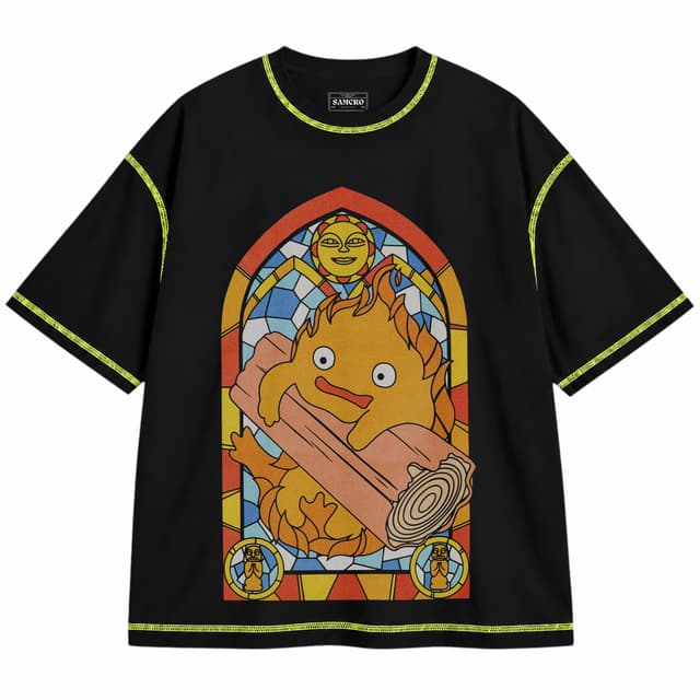 Studio Ghibli - Howls Moving Castle Calcifer Stained Glass — Unisex oversize, Negro con costura verde