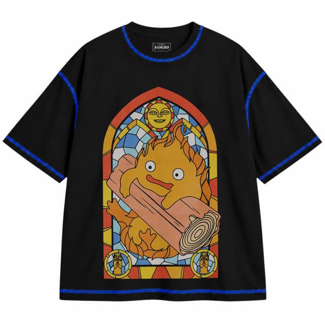 Studio Ghibli - Howls Moving Castle Calcifer Stained Glass — Unisex oversize, Negro con costura azul