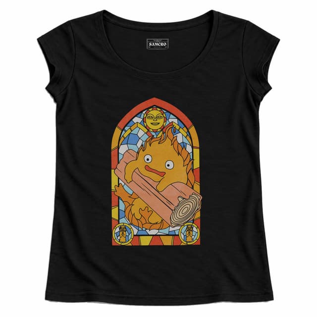 Studio Ghibli - Howls Moving Castle Calcifer Stained Glass — Mujer recta, Negro