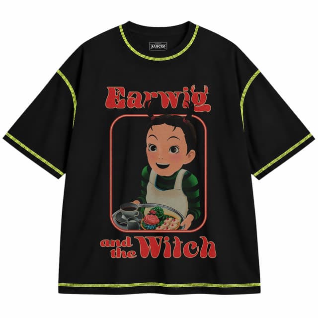Studio Ghibli - Earwig and Witch Served — Unisex oversize, Negro con costura verde