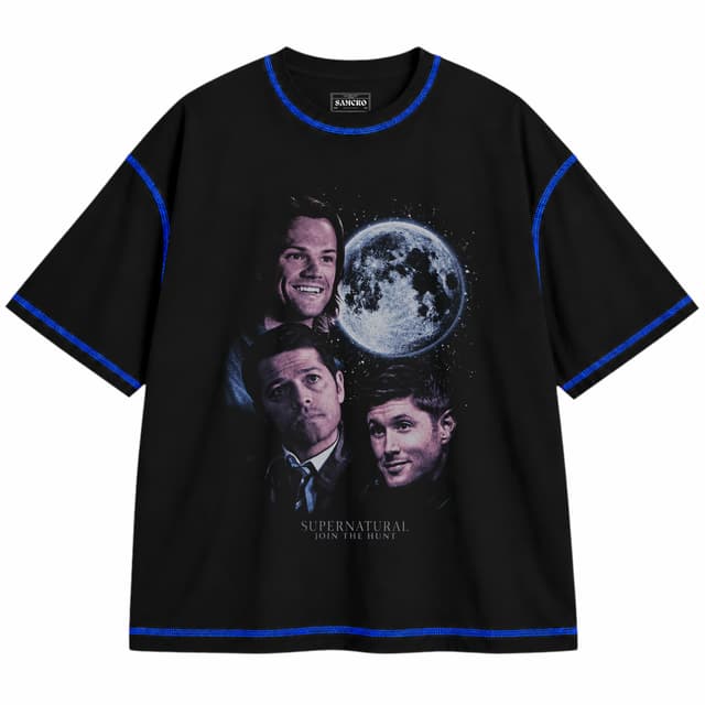 Supernatural - Trio Moon — Unisex oversize, Negro con costura azul