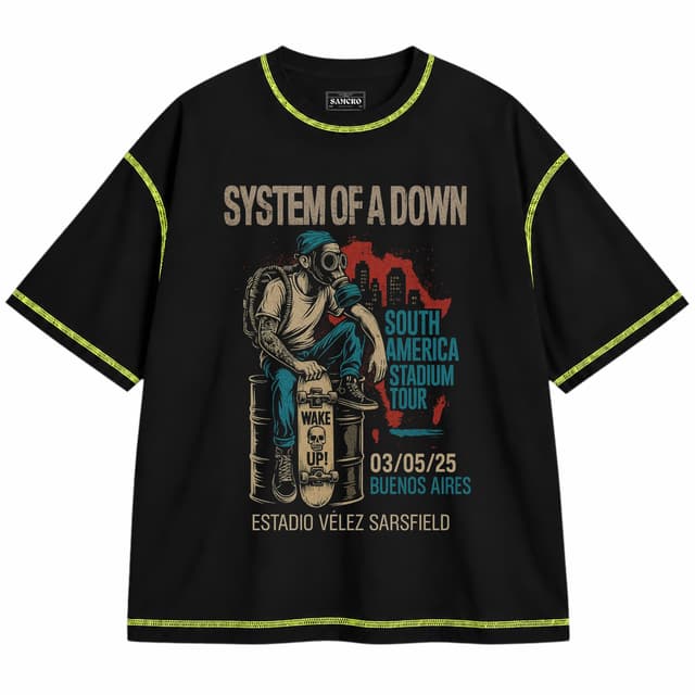 System of a Down 23 — Unisex oversize, Negro con costura verde