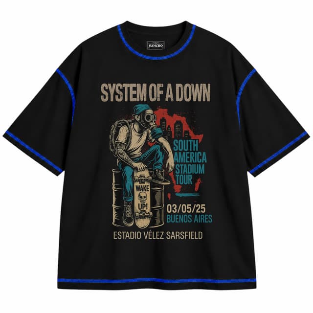 System of a Down 23 — Unisex oversize, Negro con costura azul