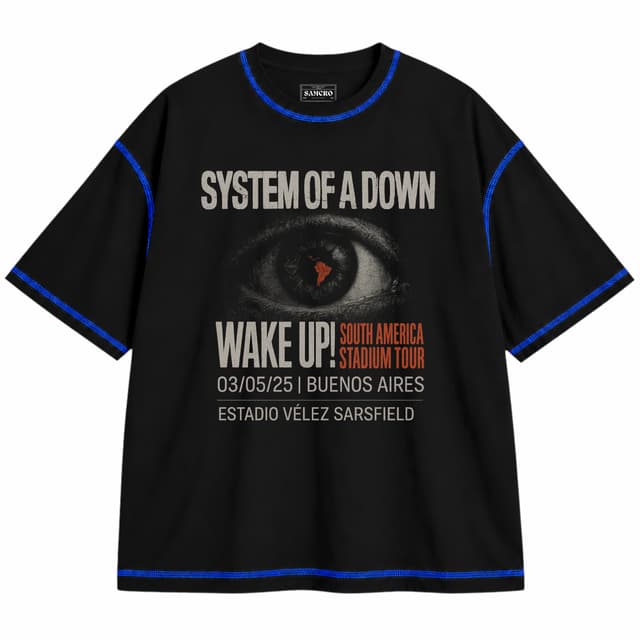 System of a Down 25 — Unisex oversize, Negro con costura azul