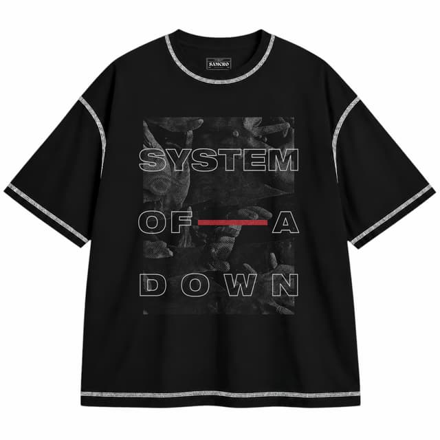 System of a Down - Eye Collage — Unisex oversize, Negro con costura blanca