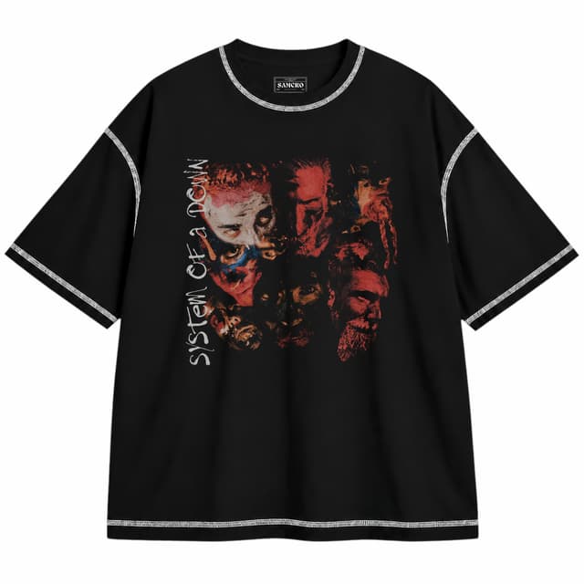 System of a Down - Painted Faces — Unisex oversize, Negro con costura blanca