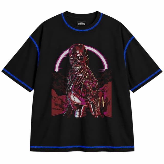 Terminator 10 — Unisex oversize, Negro con costura azul