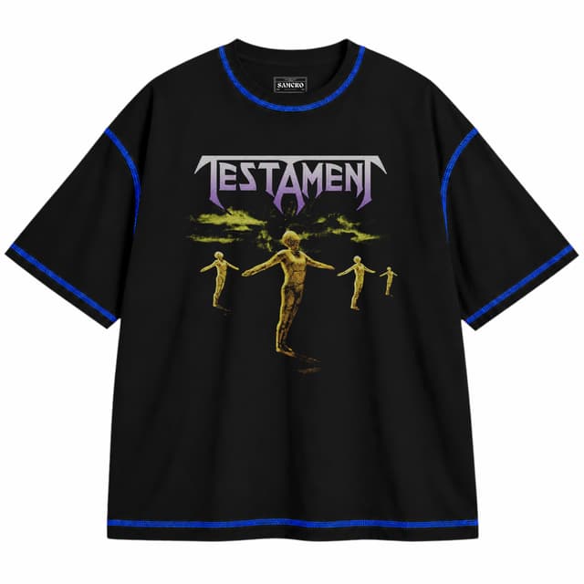 Testament - Practice What You Preach Cover Pepper — Unisex oversize, Negro con costura azul