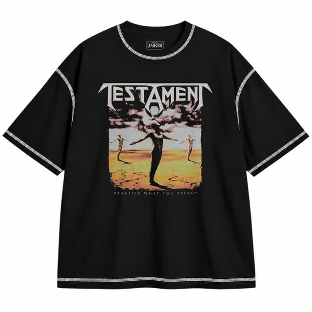 Testament - Practice What You Preach — Unisex oversize, Negro con costura blanca