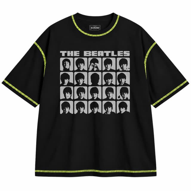 The Beatles - Hard Days Night Faces Mono 2 — Unisex oversize, Negro con costura verde